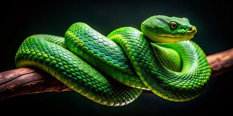 Fototapeta premium Emerald Green Tree Snake Silhouette, Coiled on Branch, Close-up Nature Photography