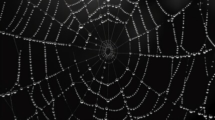 A spider web covered in dew drops, against a dark background.