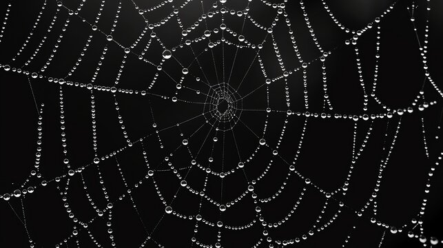 A spider web covered in dew drops, against a dark background.