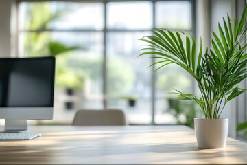 Modern Workspace with Tropical Plant and Natural Light