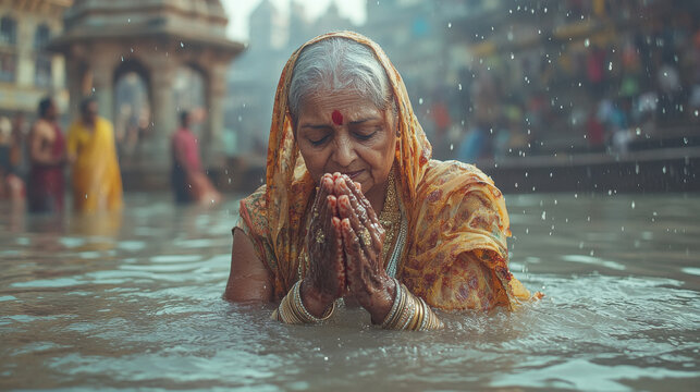 indian woman aged in traditional saree, drench, without any jewellery, standing and praying in the middle of ganga river water