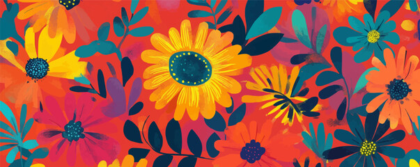 Bright floral vector design with colorful blossoms on red background.
