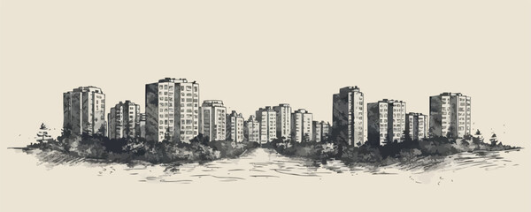 Fototapeta premium Urban skyline vector art with monochrome skyscrapers in cityscape.