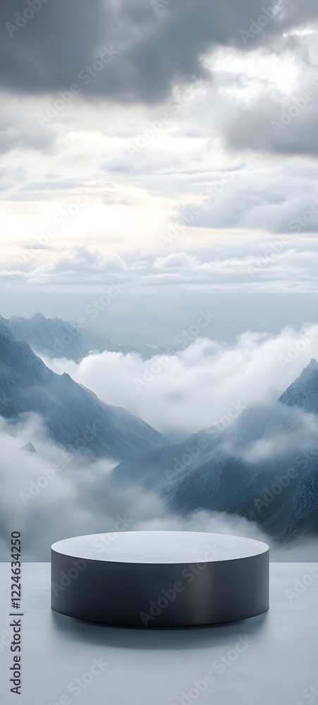 Poster a podium with a smooth surface, surrounded by soft clouds and distant mountains, creating a peaceful