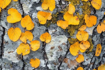 Close-up of a tree trunk covered in moss and surrounded by scattered yellow and orange leaves,...