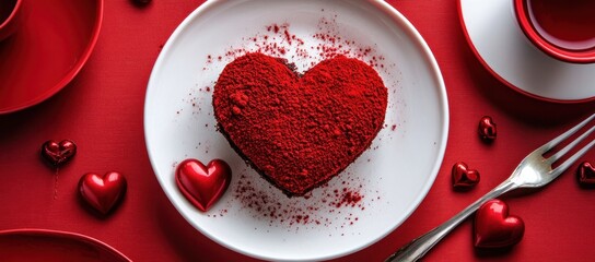Fototapeta premium Romantic Red Velvet Heart Cake for Valentine's Day