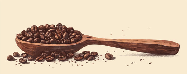 Obraz premium Rustic wooden spoon with coffee beans vector art.