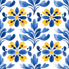 Fototapeta premium Blue and yellow tile hand drawn watercolor seamless pattern. Pattern of azulejos tiles