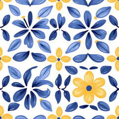 Fototapeta premium Blue and yellow tile hand drawn watercolor seamless pattern. Pattern of azulejos tiles