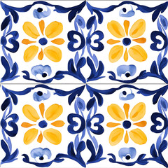 Obraz premium Blue and yellow tile hand drawn watercolor seamless pattern. Pattern of azulejos tiles
