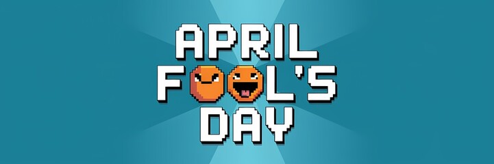 A minimalist April Fool's Day poster design with a pixel art theme. A large, orange, pixelated, smiling face with a tongue sticking out is in the middle.The text "April Fool's Day" is written in white
