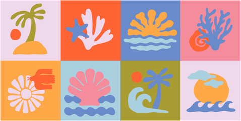 Colorful vector set of abstract summer doodles, organic shapes and forms. Hand drawn Matisse ocean collection. Modern elements in trendy minimalist style for social media banners