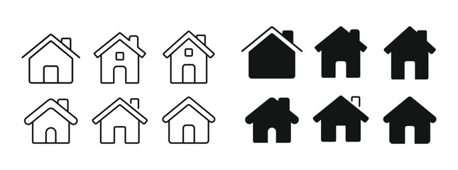 Collection house icons. Home symbol. Set of real estate objects and houses black icons isolated on white background. Vector illustration. 