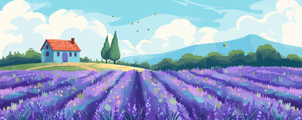 Tranquil countryside vector with lavender fields and rustic house.