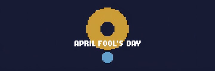 A pixel theme illustration of a minimalist April Fool's Day poster design. There is a large, yellow circle with a black dot in the center. The text "April Fool's Day" is written in white, bold text. 