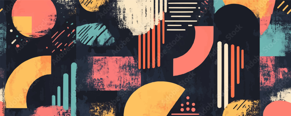 Poster Abstract geometric pattern vector with retro colors and textures.