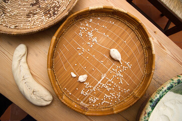 Bessude, making homemade gnocchi dough. Sassari, Sardinia. Italy lavorazione della pasta per gli gnocchetti.