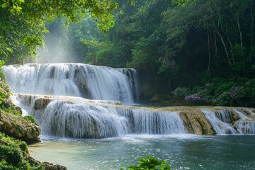 Serene cascading waterfall surrounded by lush greenery and vibrant flowers in a tranquil forest