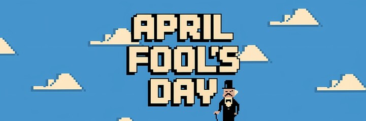 A creative minimalist April Fool's Day poster design with a pixel theme. The text "April Fool's Day" is written in large, pixelated letters. Below the text, there's a small pixelated image of a man 