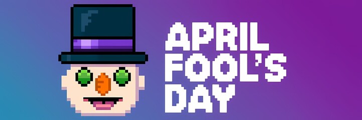 A pixel art illustration of a smiling face with two peas for eyes and a carrot for a nose. The face is wearing a top hat. The background is a purple gradient. The text "April Fool's Day" is written 