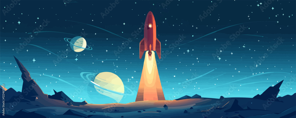 Poster vector spacescape with rocket launching towards planets and stars.