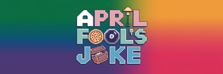 A pixel art illustration of a large April Fool's joke text over a rainbow gradient background. The text is made up of various objects, such as a pizza, a cake, a 8-ball, a lamp, and a treasure chest. 