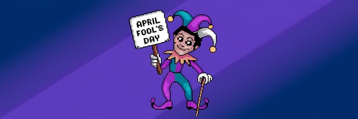 A pixel art illustration of a jester with a top hat and a cane, holding a sign that says "April Fool's Day". The background is a purple gradient.