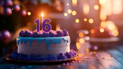 Purple birthday cake for 16 years jubilee.