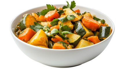 PNG Delicious Savory Vegetable Stew Carrots, Potatoes, Zucchini, Parsley isolated on transparent background