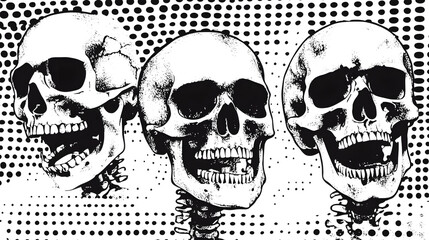 Fototapeta premium Haunting Trio of Skulls and Bones in Monochrome Shadowgraph Imagery