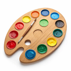 Naklejka premium palette with paints and brushes, Wooden art palette with paints isolated on white background