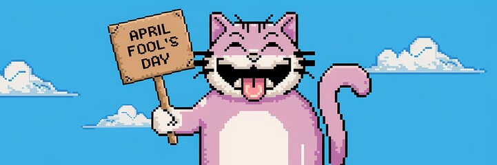 A pixel art illustration of a large, grinning pink cat with its tongue out, holding a sign that says "April Fool's Day". The background is a bright blue sky with fluffy white clouds.