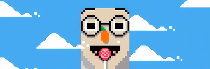 A pixel art illustration of a large, smiling face. The face is made of various objects, including a carrot for a nose, a lollipop for a tongue, and glasses. The background is a blue sky 