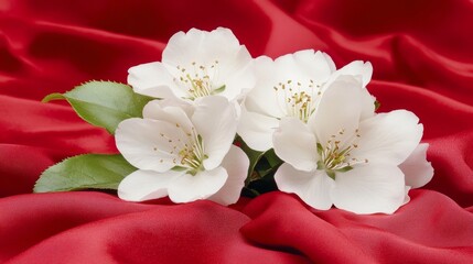 Fototapeta premium Delicate White Blossoms on Red Silk Drapery