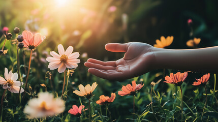 Hand touching flowers in sunlit garden