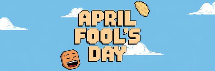 A creative minimalist April Fool's Day poster design with a pixel theme. The text "April Fool's Day" is written in large, bold letters. There are pixelated images of a laughing face and a pie 