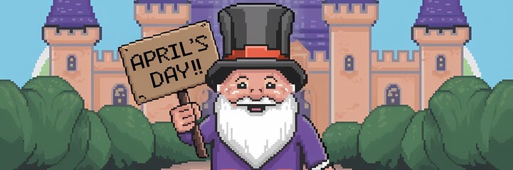 A pixel art illustration of a gnome with a top hat. He is holding a sign that says "April Fool's Day". The background is a castle.
