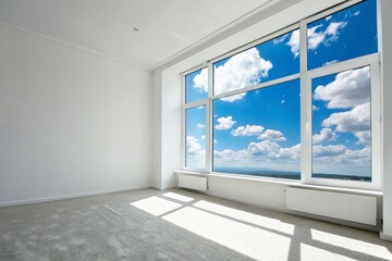 Obraz premium Empty Room, Blue Sky View, Minimalist Interior Design, Spacious Room, Bright Sunlight