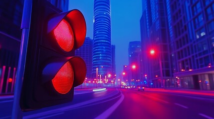 Night cityscape featuring a red traffic light, illuminated buildings, and a blurred street scene