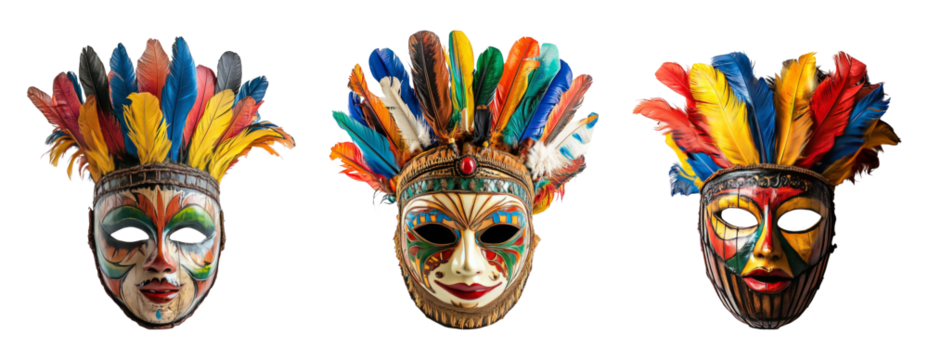 Colorful tribal masks with feathers isolated on a transparent background