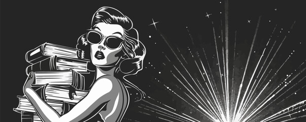 Retro vector art of woman with books and stars.
