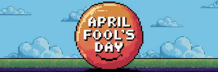 A pixel art April Fool's Day poster. The design features a large, smiling, red, circular button with the text "APRIL FOOL'S DAY". The background is a light blue sky with fluffy white clouds.