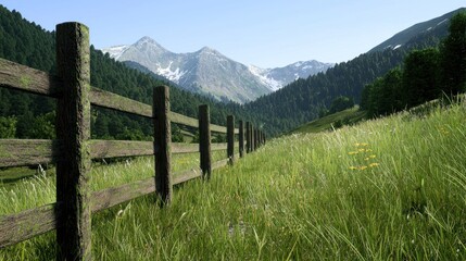 Fototapeta premium Mountain Meadow with Wooden Fence