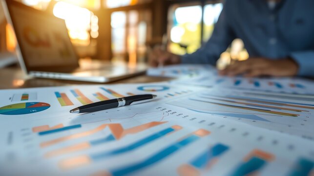 A pen lays on a table with financial reports.