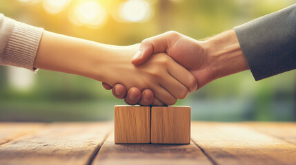 Close Up Of Two Hands Shaking Above Wooden Blocks Outdoors