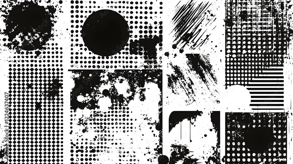 Poster monochrome abstract grunge texture with geometric patterns and brushstrokes