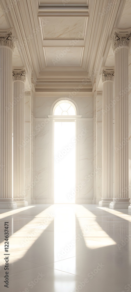 Aufkleber a podium surrounded by tall, white marble columns in an empty space, with soft light spilling in thr