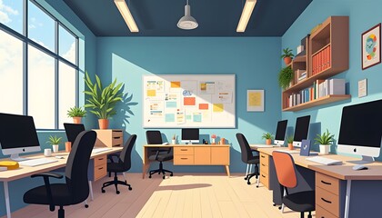 Naklejka premium Sunlit Modern Office Workspace With Multiple Computers