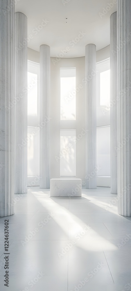 Poster a podium surrounded by tall, white marble columns in an empty space, with soft light spilling in thr