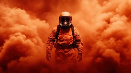 Naklejka premium Person in Hazmat Suit Amidst Orange Smoke